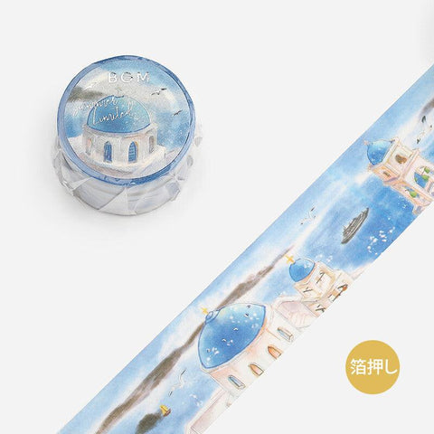 BGM Washi Tape 30mm Masking Tape Foil Stamping - Greek Cycladic House & Sea | papermindstationery.com | 30mm Washi Tapes, BGM, New Arrival