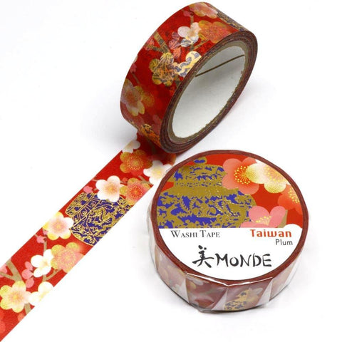 Kamiiso Monde Washi Tape 15mm Foil Stamping - Taiwanese Plum Flower & Cloisonne | papermindstationery.com | 15mm Washi Tapes, Flower, Kamiiso, Washi Tapes