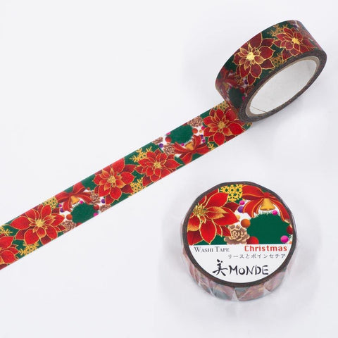 Kamiiso Monde Washi Tape 15mm Foil Stamping - Christmas Poinsettia Wreath | papermindstationery.com | 15mm Washi Tapes, Christmas, Kamiiso, Others, Washi Tapes