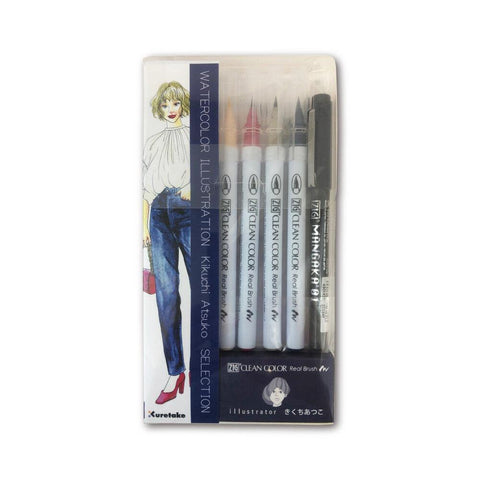 KURETAKE Zig Brush Pen Set Watercolor Illustration - Atsuko Kikuchi Selection Denim | papermindstationery.com | Brush Pens, KURETAKE, Writing Tools