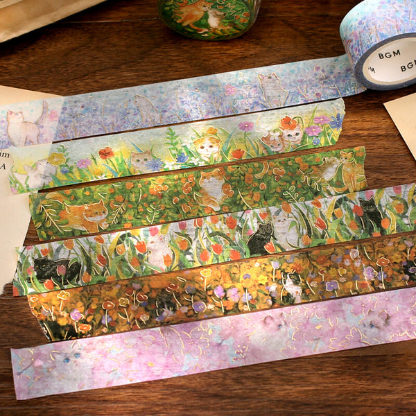 BGM Washi Tape 20mm Masking Tape Foil Stamping - Flowers & Cats Blue Blossom