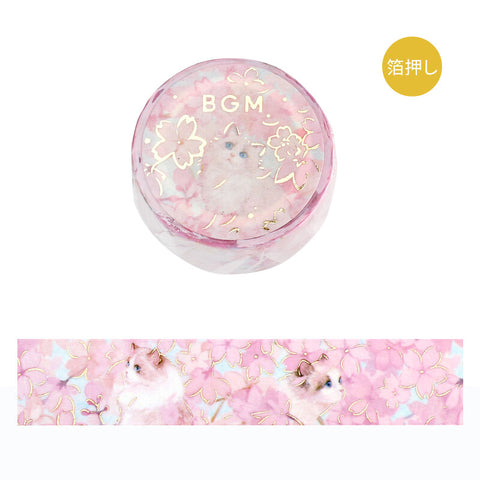 BGM Washi Tape 20mm Masking Tape Foil Stamping - Flowers & Cats Pink Blossom