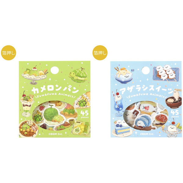 BGM Flake Stickers Set of 2 - Fluffy Turtle Melon Bread & Seal Sweets