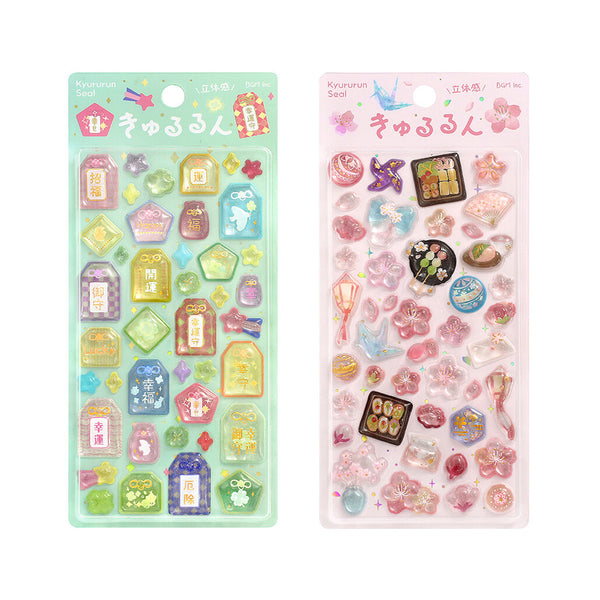 BGM Sticker Sheet Set of 2 - Sparkling 3D Stickers Japanese Lucky Charm & Cherry Blossom Season | Papermind Stationery
