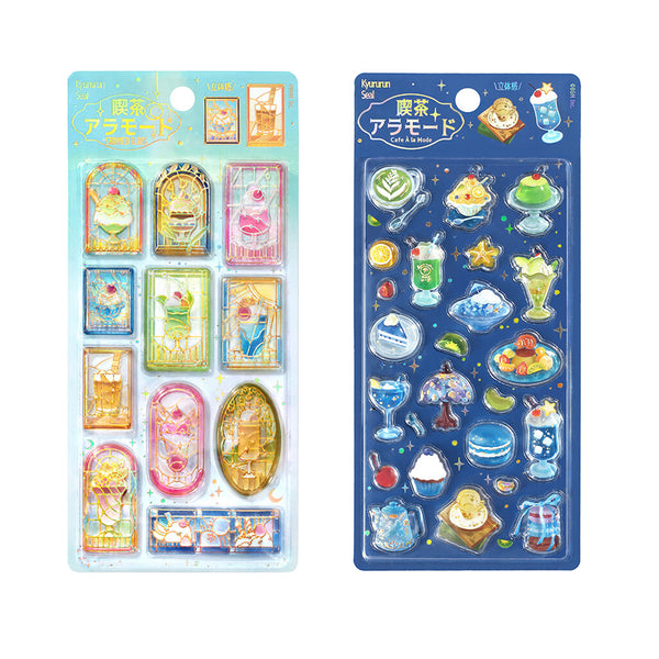 BGM Sticker Sheet Set of 2 - Sparkling 3D Stickers Cafe Stained Glass & Cafe Cool Dessert | Papermind Stationery