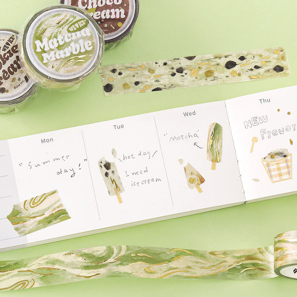 BGM 15mm Foil Stamp Washi Tapes "We Love ICE" Matcha Marble (Pack of 4) | papermindstationery.com