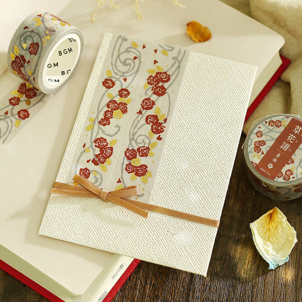 BGM Foil-stamped masking tape "Flower and Grass" - Roses (Pack of 4) | papermindstationery.com