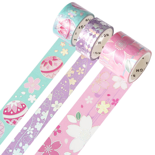 BGM Foil Stamp Washi Masking Tape Set "Colors of Kimono Vol. 2" cherry blossoms (Pack of 4) | papermindstationery.com