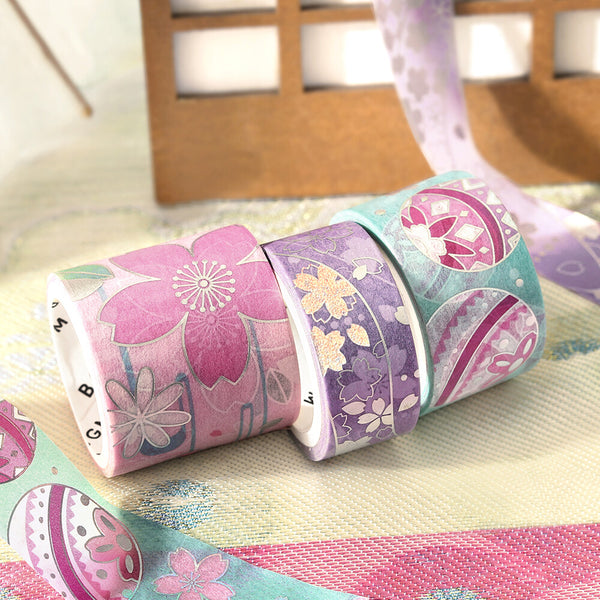 BGM Foil Stamp Washi Masking Tape Set "Colors of Kimono Vol. 2" cherry blossoms (Pack of 4) | papermindstationery.com