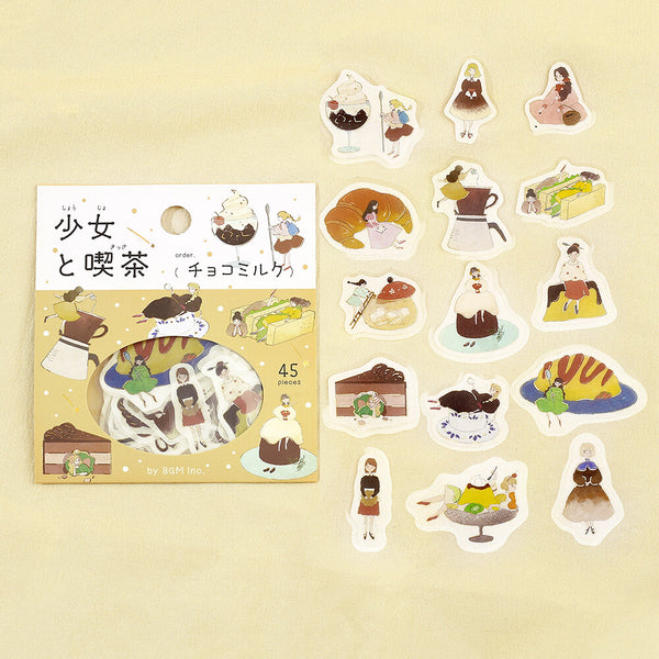 BGM Washi Flake Sticker Foil Stamp "Girl and Cafe" Chocolate Milk (Pack of 5) | papermindstationery.com