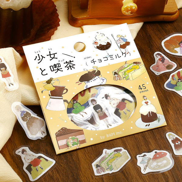 BGM Washi Flake Sticker Foil Stamp "Girl and Cafe" Chocolate Milk (Pack of 5) | papermindstationery.com