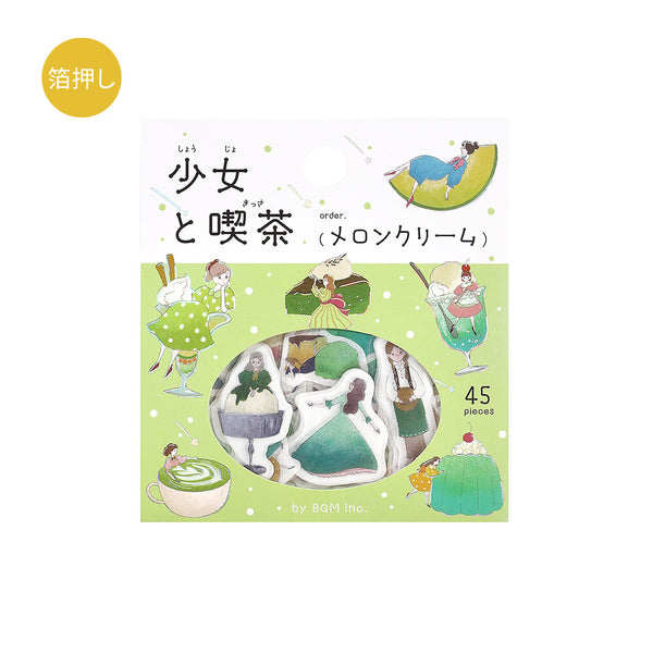 BGM Washi Flake Sticker Foil Stamp "Girl and Cafe" Melon Cream (Pack of 5) | papermindstationery.com