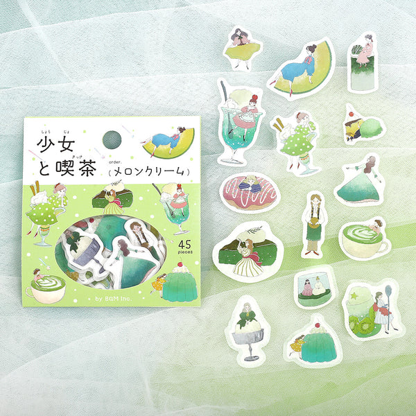 BGM Washi Flake Sticker Foil Stamp "Girl and Cafe" Melon Cream (Pack of 5) | papermindstationery.com