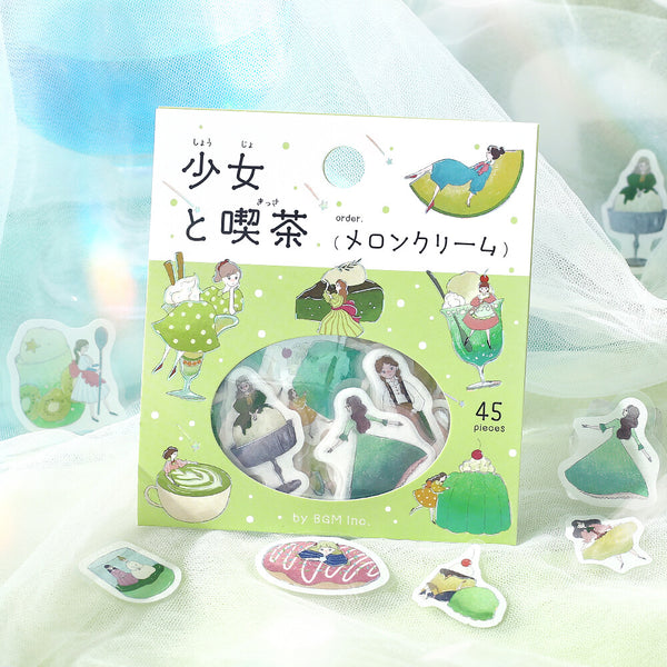 BGM Washi Flake Sticker Foil Stamp "Girl and Cafe" Melon Cream (Pack of 5) | papermindstationery.com
