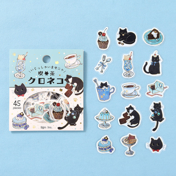 BGM Foil-stamped Flake Stickers "Welcome Meow!" - Kuroneko Cafe (Pack of 5) | papermindstationery.com