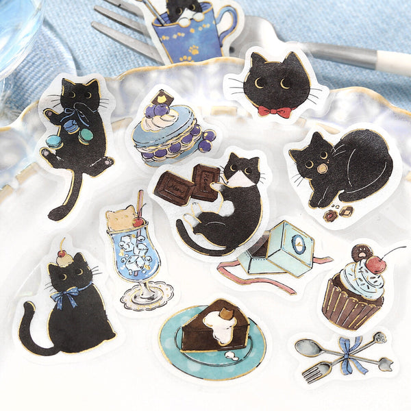 BGM Foil-stamped Flake Stickers "Welcome Meow!" - Kuroneko Cafe (Pack of 5) | papermindstationery.com