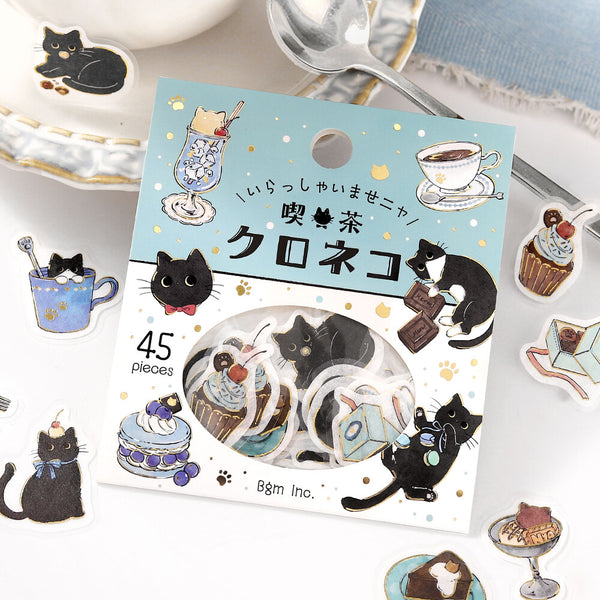 BGM Flake Stickers Set of 2 - Black Cat & White Cat Cafe | papermindstationery.com