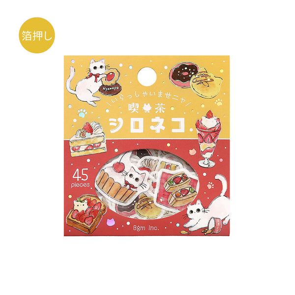 BGM Foil-stamped Flake Stickers "Welcome Meow!" - Shiro Neko Cafe (Pack of 5) | papermindstationery.com