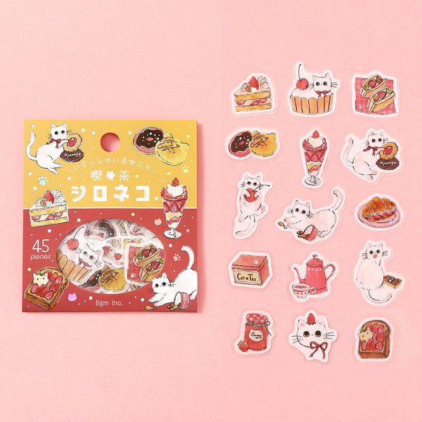 BGM Foil-stamped Flake Stickers "Welcome Meow!" - Shiro Neko Cafe (Pack of 5) | papermindstationery.com