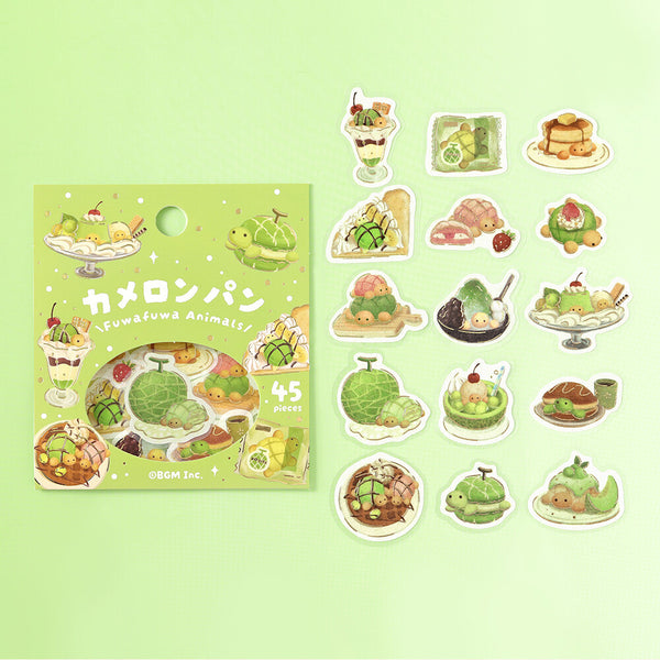 BGM Flake Stickers Set of 2 - Fluffy Turtle Melon Bread & Seal Sweets | papermindstationery.com