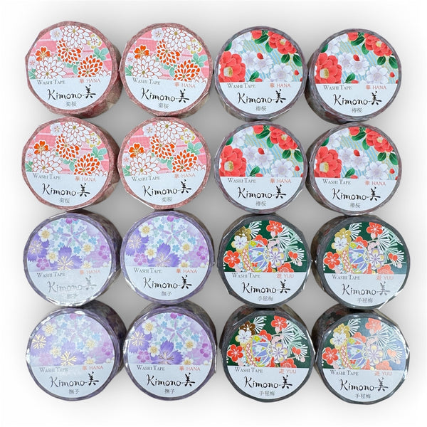 Kamiiso Sansyo 15mm Washi Tape Set of 16 - Kimono Chrysanthemum, Camellia, Nadeshiko & Temari Plum PSS-DS-KS-0001 | papermindstationery.com