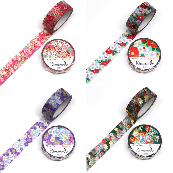 Kamiiso Sansyo 15mm Washi Tape Set of 16 - Kimono Chrysanthemum, Camellia, Nadeshiko & Temari Plum PSS-DS-KS-0001 | papermindstationery.com