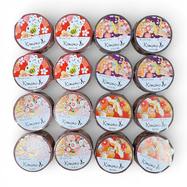 Kamiiso Sansyo 15mm Washi Tape Set of 16 - Kimono Beckoning Cat, Lucky Origami Paper Crane, Spool of Thread & Crane Floral Circle PSS-DS-KS-0002 | papermindstationery.com