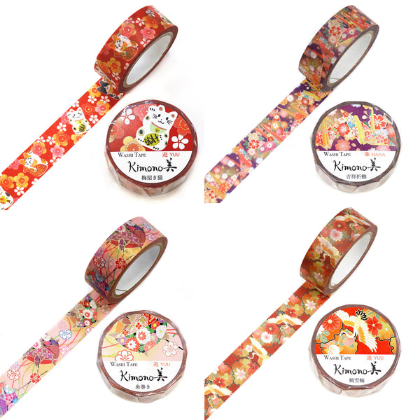 Kamiiso Sansyo 15mm Washi Tape Set of 16 - Kimono Beckoning Cat, Lucky Origami Paper Crane, Spool of Thread & Crane Floral Circle PSS-DS-KS-0002 | papermindstationery.com