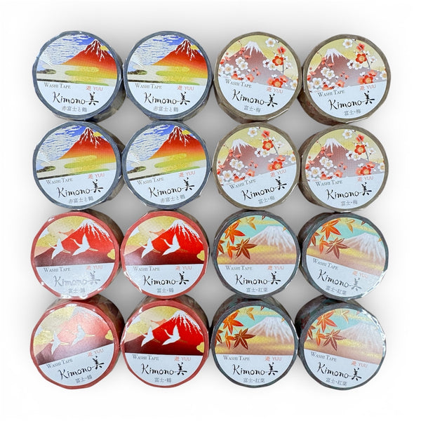 Kamiiso Sansyo 15mm Washi Tape Set of 16 - Kimono Red Fuji Crane, Autumn Fuji, Mt White Crane & Plum Blossoms PSS-DS-KS-0003 | papermindstationery.com