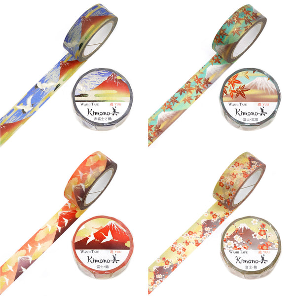 Kamiiso Sansyo 15mm Washi Tape Set of 16 - Kimono Red Fuji Crane, Autumn Fuji, Mt White Crane & Plum Blossoms PSS-DS-KS-0003 | papermindstationery.com