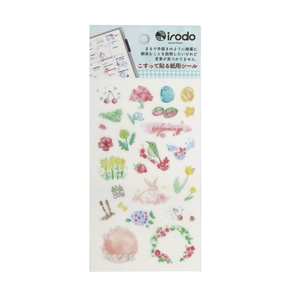 Irodo Paper Transfer Stickers - Spring -Sheet of decorative stickers with various designs on a white background, featuring the brand 'irodo'.