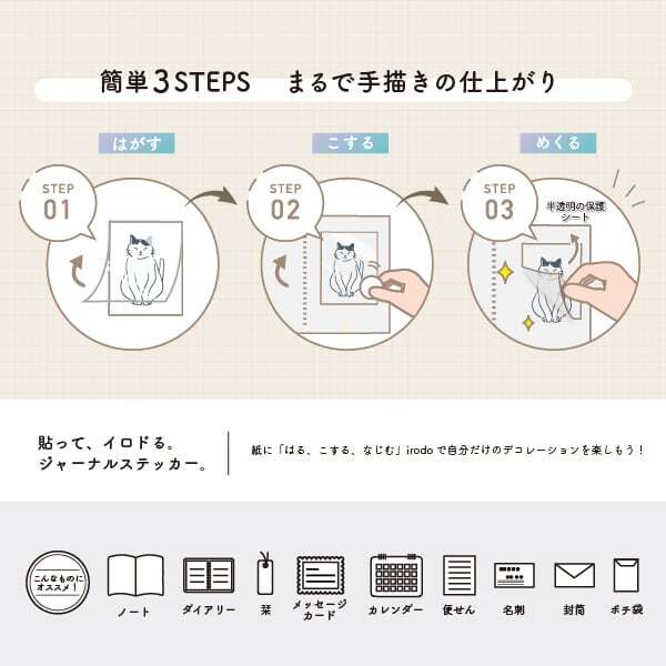 Irodo Paper Transfer Sticker Sheet Set of 4 - Animal Decor Cat, Long-tailed Tit, Sheep & Circle Decor