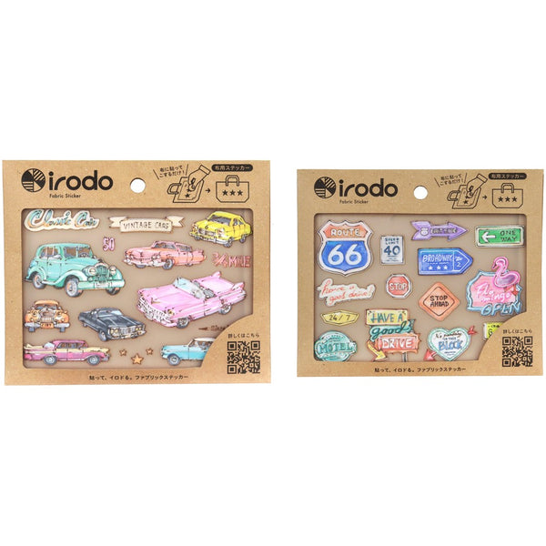 Irodo Fabric Transfer Sticker Set of 2 - Classic Car & Road Sign