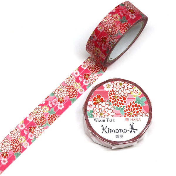 Kamiiso Sansyo 15mm Washi Tape - Kimono Chrysanthemum & Cherry Blossom GR1041