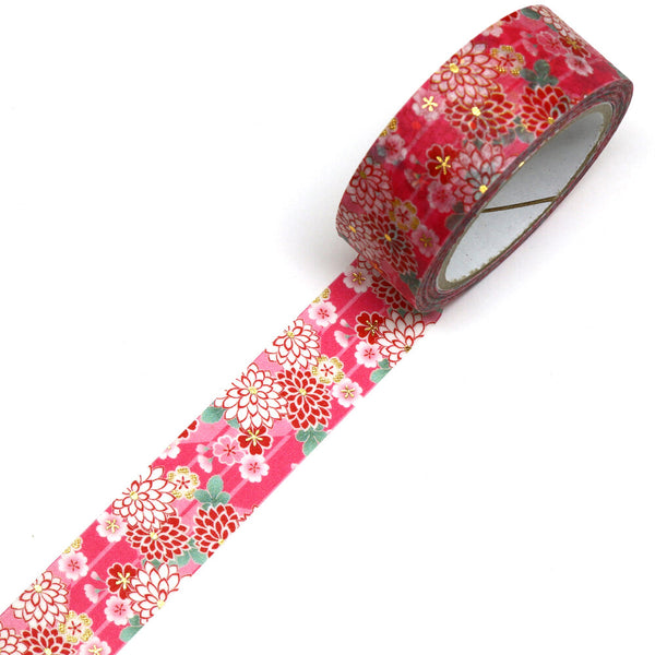 Kamiiso Sansyo 15mm Washi Tape - Kimono Chrysanthemum & Cherry Blossom GR1041 | papermindstationery.com
