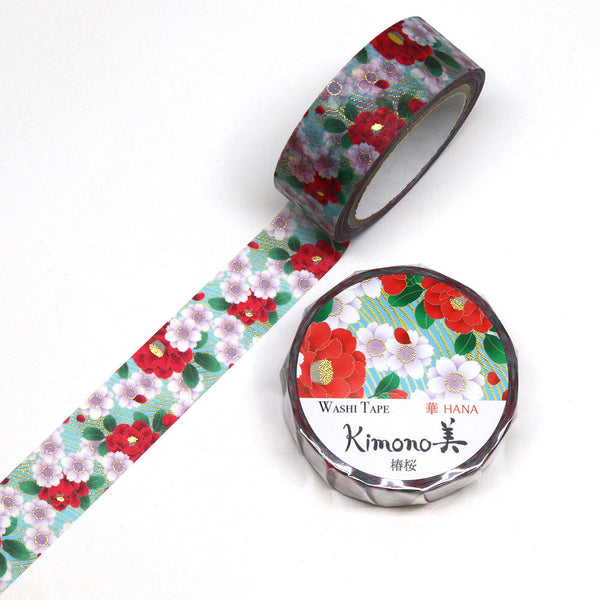 Kamiiso Sansyo 15mm Washi Tape - Kimono Camellia & Cherry Blossom GR1047 (Pack of 10)