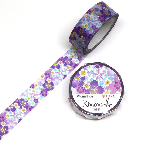 Kamiiso Sansyo 15mm Washi Tape - Kimono Purple Nadeshiko Flower GR1049 (Pack of 10)