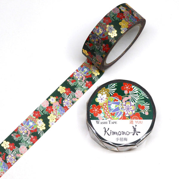 Kamiiso Sansyo 15mm Washi Tape - Kimono Japanese Temari Plum Flower GR2025 (Pack of 10)