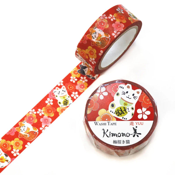 Kamiiso Sansyo 15mm Washi Tape - Kimono Plum Beckoning Cat GR2059