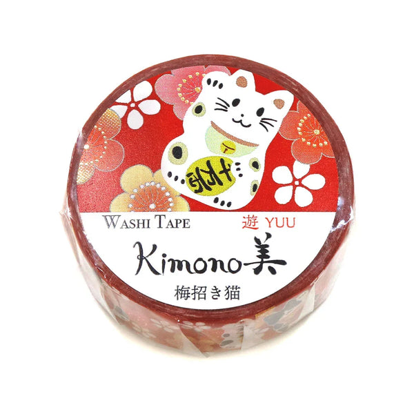 Kamiiso Kimono Beauty Masking Tape - Ume Maneki Neko (Plum Beckoning Cat) [Japanese Pattern], 15mm x 7m roll (Pack of 10) | papermindstationery.com