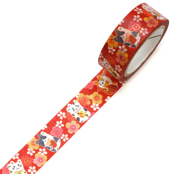 Kamiiso Sansyo 15mm Washi Tapes Set of 2 - Kimono Plum Beckoning Cat & Shippo Hanabishi Pattern