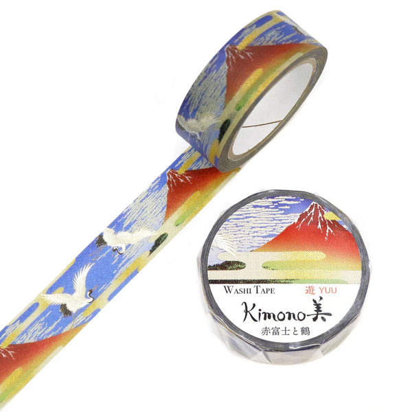 Kamiiso Sansyo 15mm Washi Tape - Kimono Red Fuji & Crane GR2061
