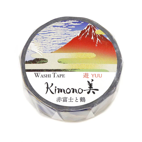 Kamiiso Sansyo 15mm Washi Tape - Kimono Red Fuji & Crane GR2061 | papermindstationery.com
