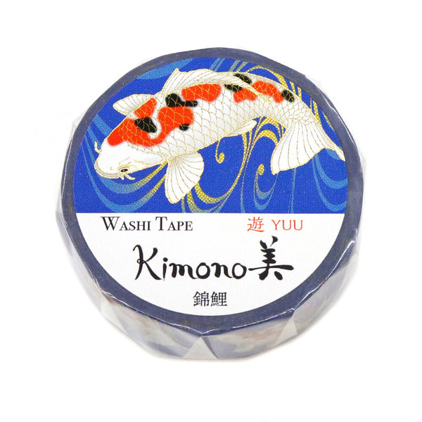 Kamiiso Sansyo 15mm Washi Tapes Set of 2 - Kimono Koi Fish Blue & Black Gold