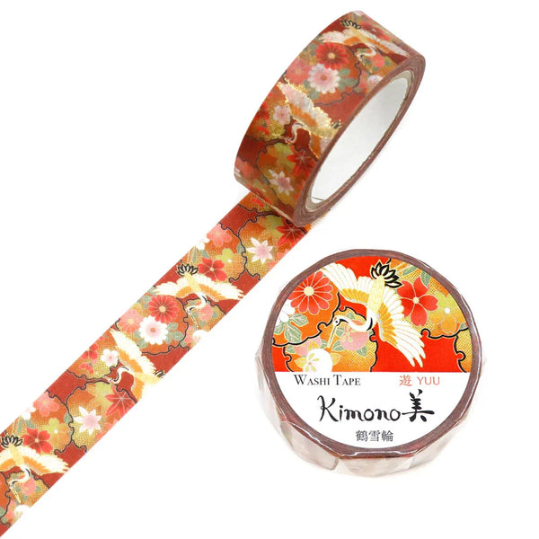 Kamiiso Sansyo 15mm Washi Tape - Kimono Crane Floral Circle GR2079 | papermindstationery.com