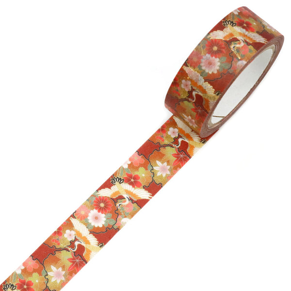 Kamiiso Sansyo 15mm Washi Tapes Set of 2 - Kimono Fuji Crane & Crane Floral Circle
