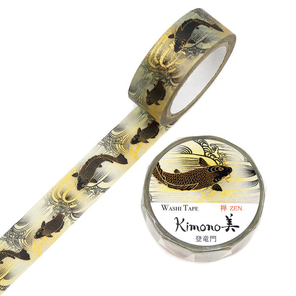 Kamiiso Sansyo 15mm Washi Tape - Kimono Koi Fish Black & Gold GR3065