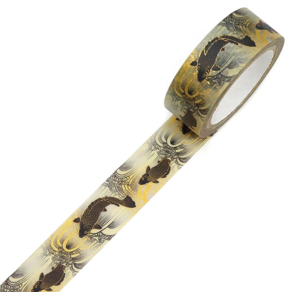 Kamiiso Sansyo 15mm Washi Tape - Kimono Koi Fish Black & Gold GR3065