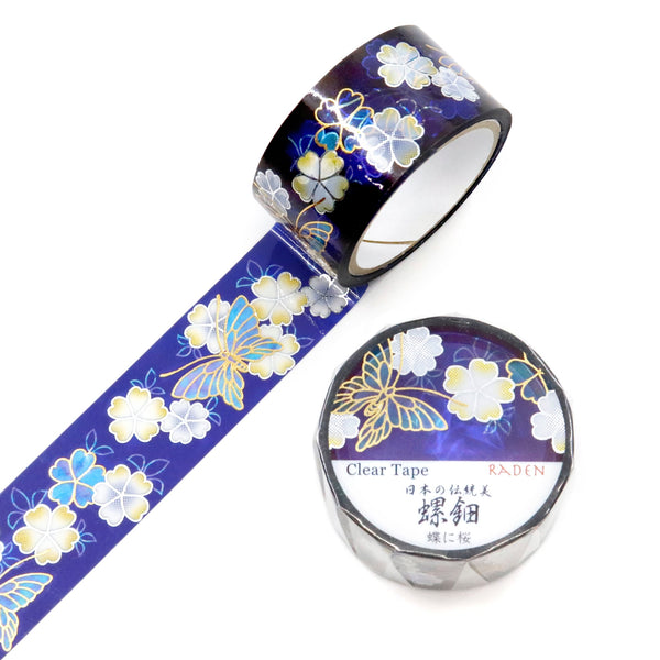 Kamiiso 20mm Clear Tape Traditional Japanese Beauty - Raden Butterfly and Cherry Blossom (Pack of 10) | papermindstationery.com