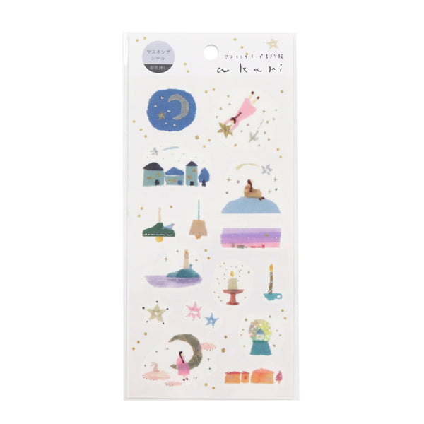 Kamiiso Miki Tamura Masking Stickers - Akari (Light), Silver Foil (Pack of 10) | papermindstationery.com